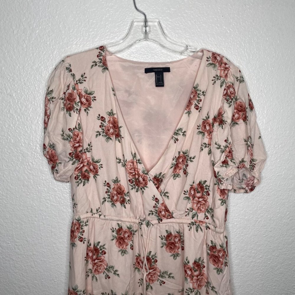 Forever 21 Womens Dress Size Large Blush Pink Floral V-Neck Short Sleeve Casual - Picture 7 of 13